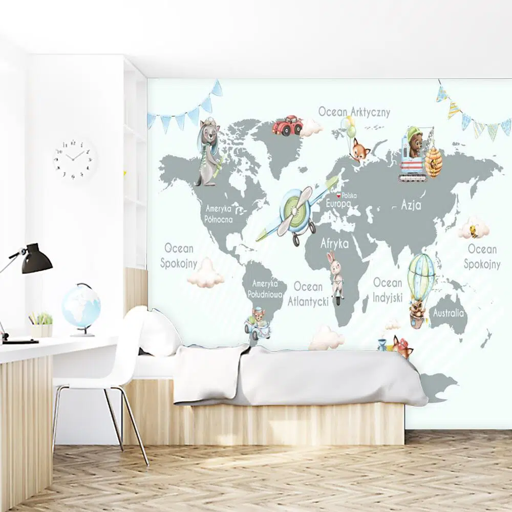 Fototapeta dla dzieci - mapa i zwierzątka