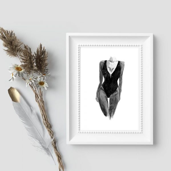 Plakat w szarościach z kostiumem kapielowym