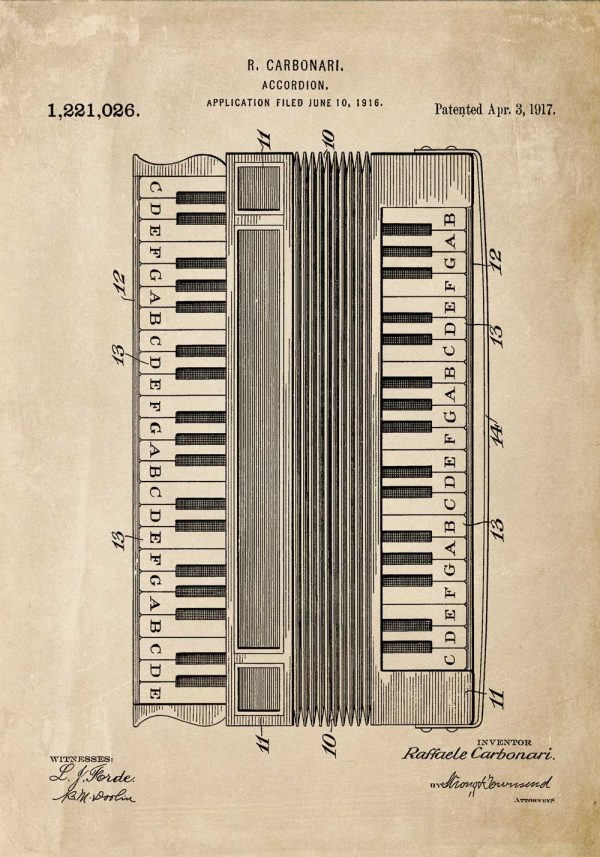 Plakat z ryciną akordeonu