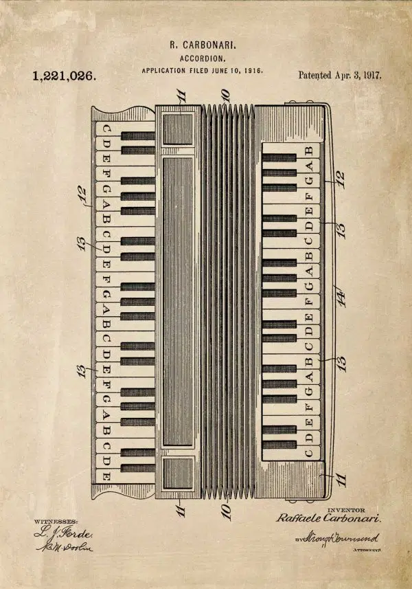 Plakat z ryciną akordeonu