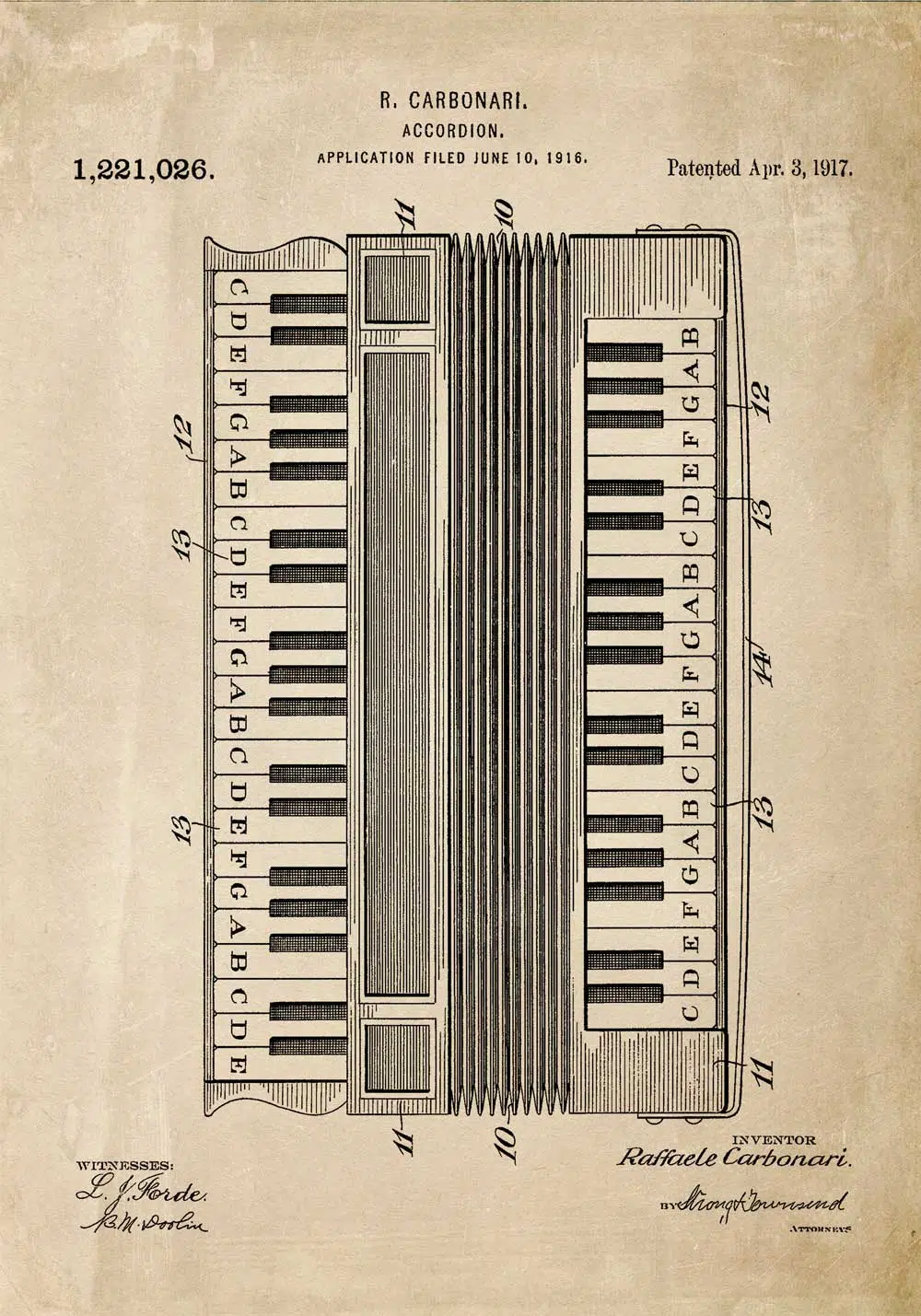 Plakat z ryciną akordeonu