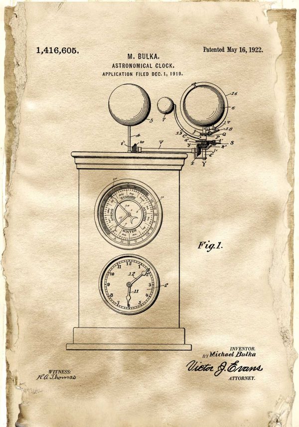 Plakat - Rysunek patentowy zegara astronomicznego