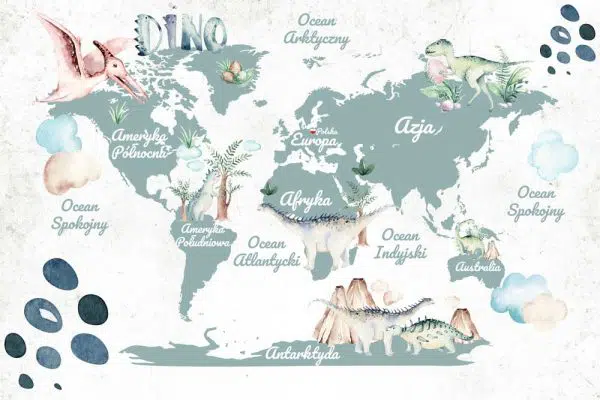 Tapeta dla dziecka z mapą świata i dinozaurami