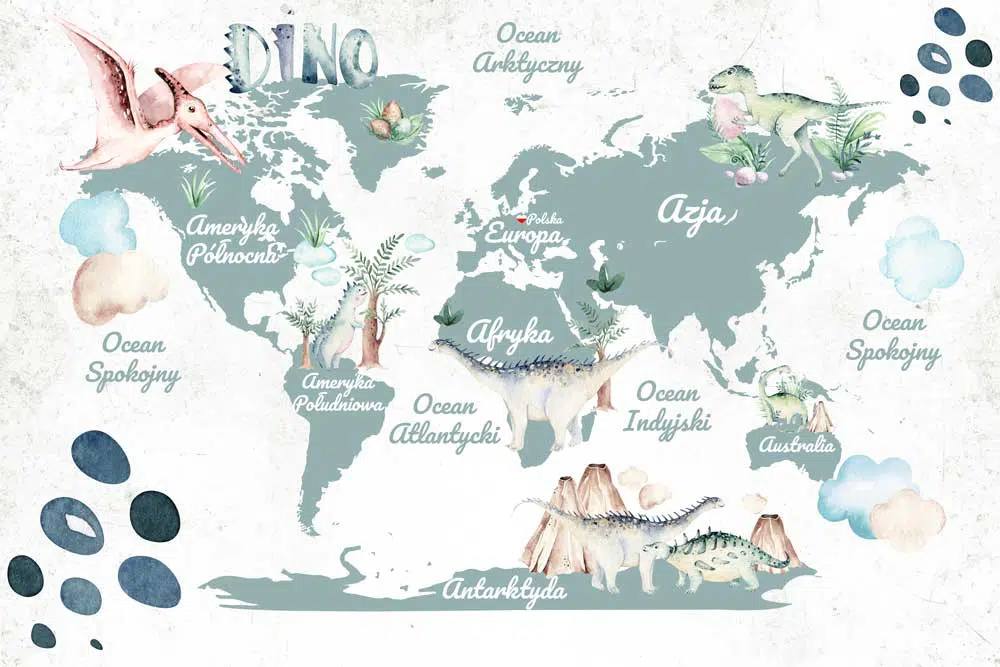 Tapeta dla dziecka z mapą świata i dinozaurami