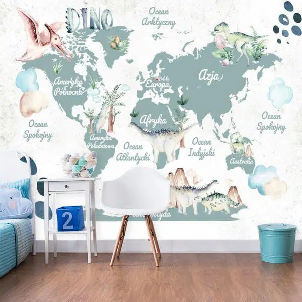 Foto-tapeta z dinozaurami i mapą