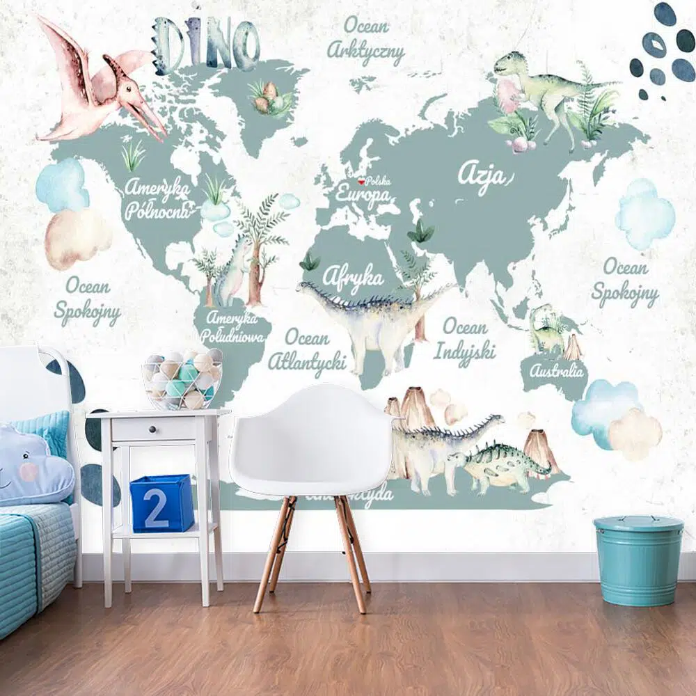 Foto-tapeta z dinozaurami i mapą