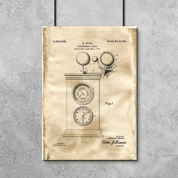 Plakat z rysunkiem patentowym zegara astronomicznego do gabinetu