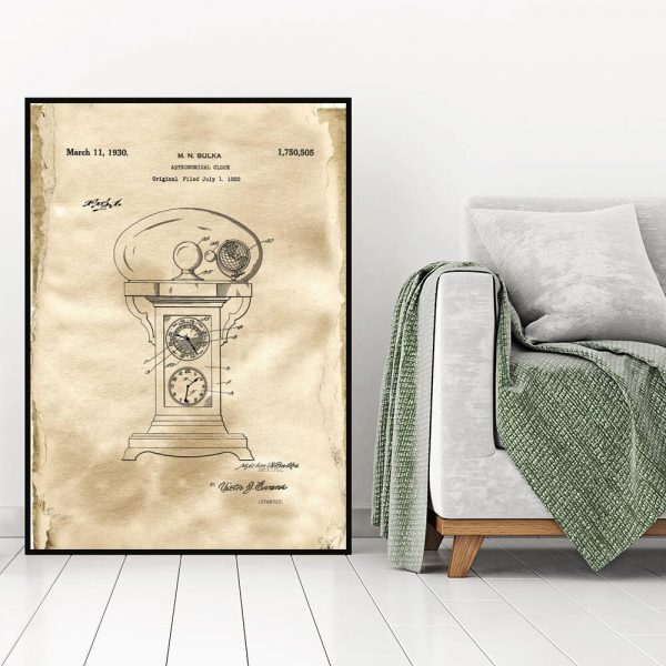 Plakat z rysunkiem patentowym zegara astronomicznego do gabinetu