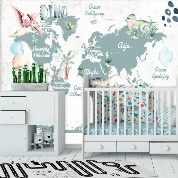 Tapeta dla dziecka z dinozaurami i mapą świata