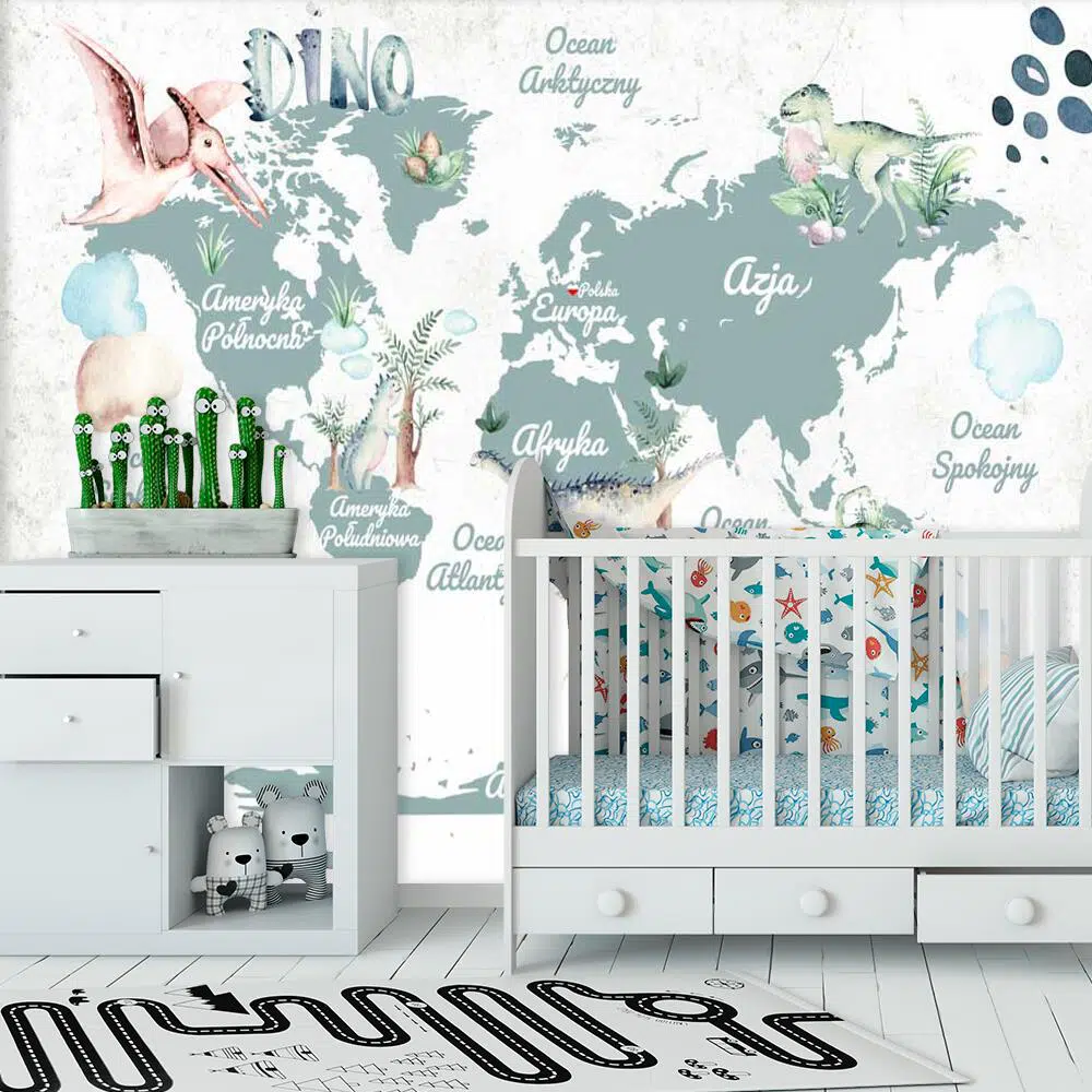 Tapeta dla dziecka z dinozaurami i mapą świata