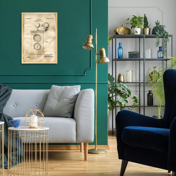 Plakat z rysunkiem patentowym zegara astronomicznego do salonu