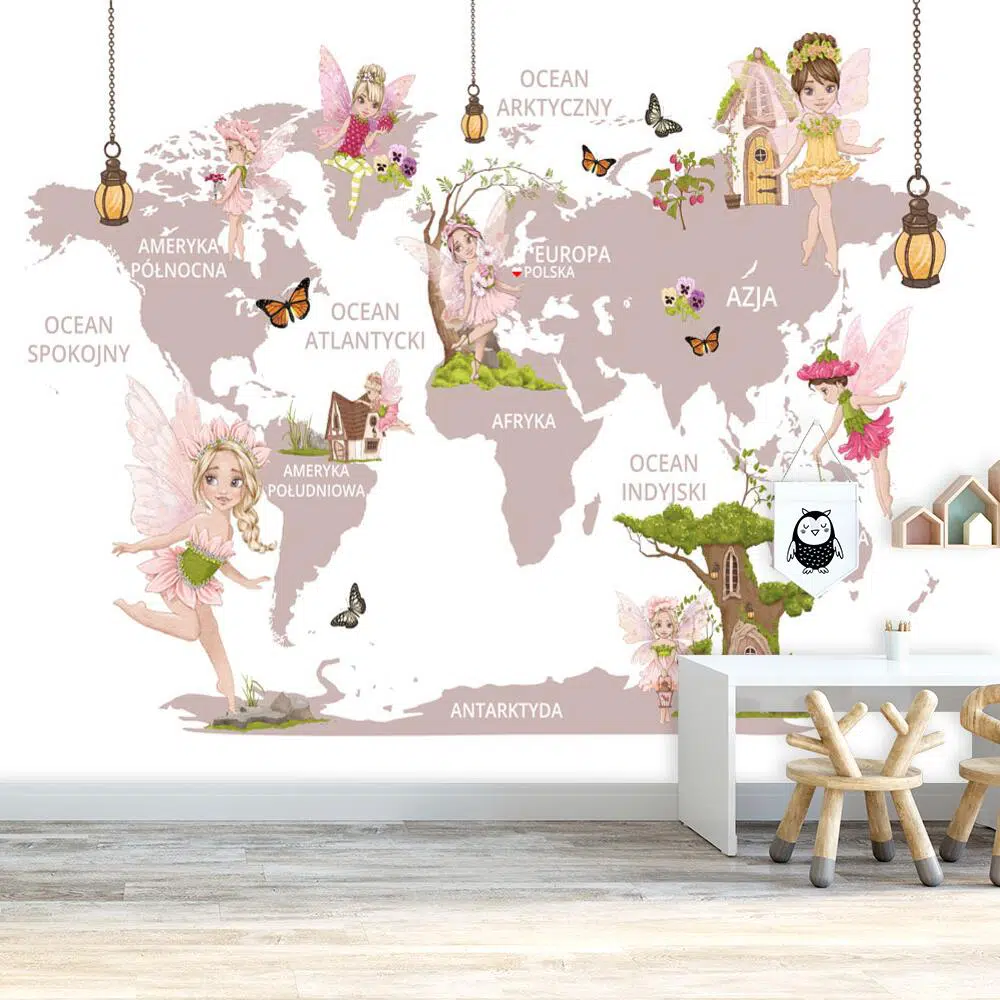 Tapeta dla dziewczynki z mapą świata i elfami