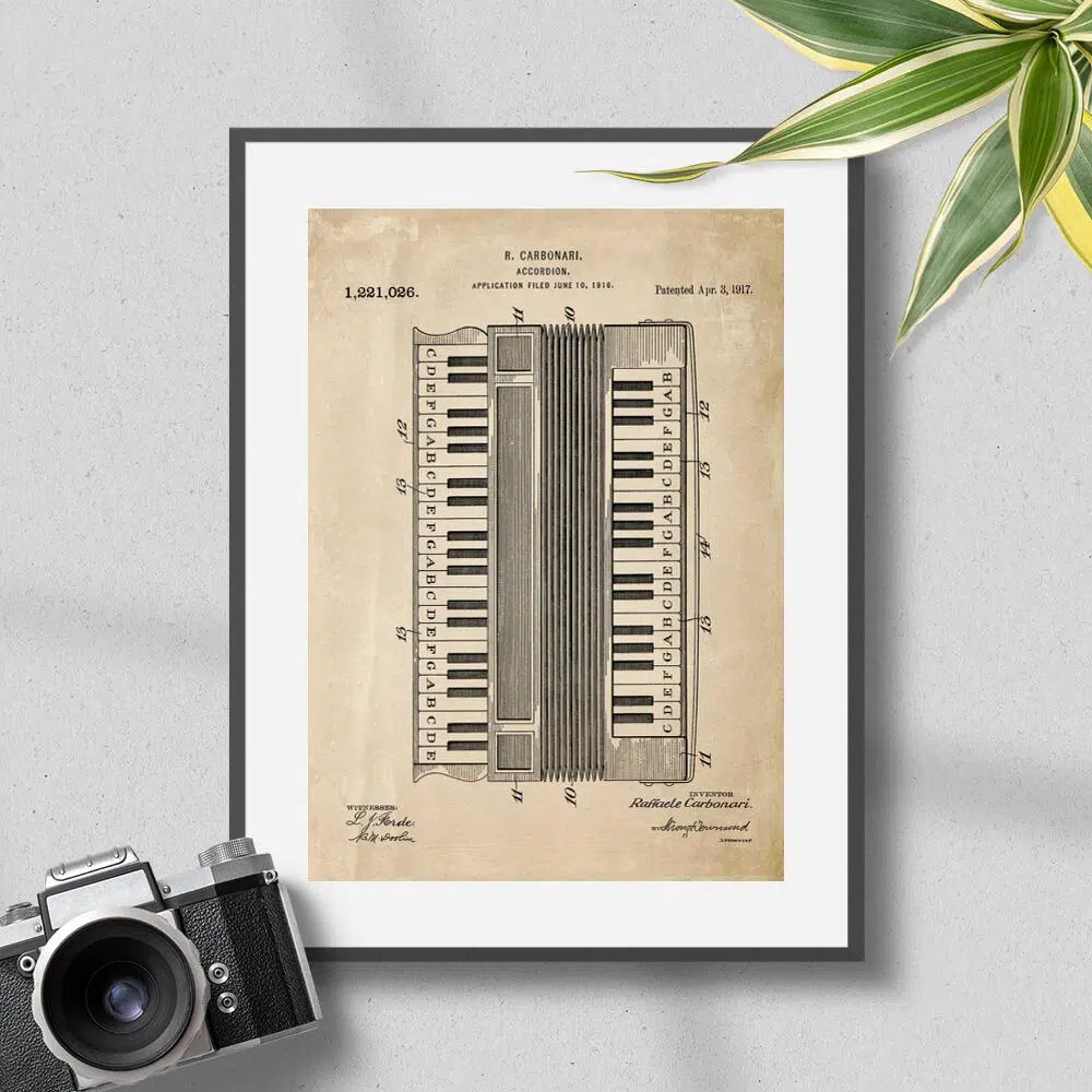 Plakat retro z ryciną akordeonu