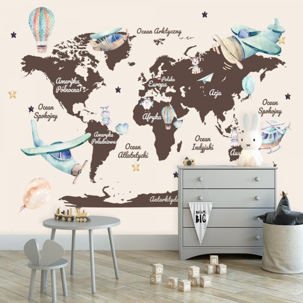 Tapeta dla dzieci z kontynentami do przedszkola