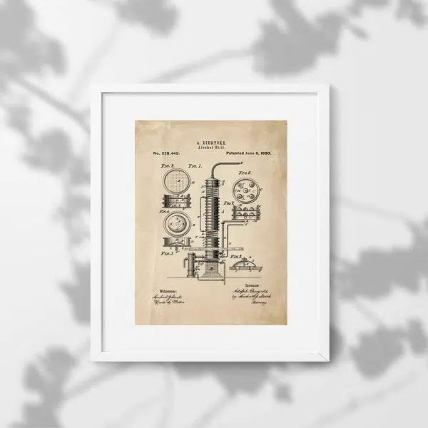 Plakat z maszyną do produkcji alkoholu