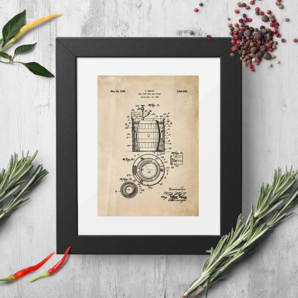 Plakat retro z patentem z roku 1933 na produkcję beczek