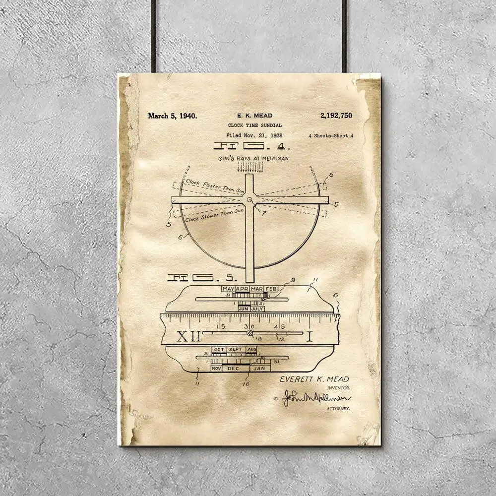 Plakat z reprodukcją patentu na zegar słoneczny do salonu