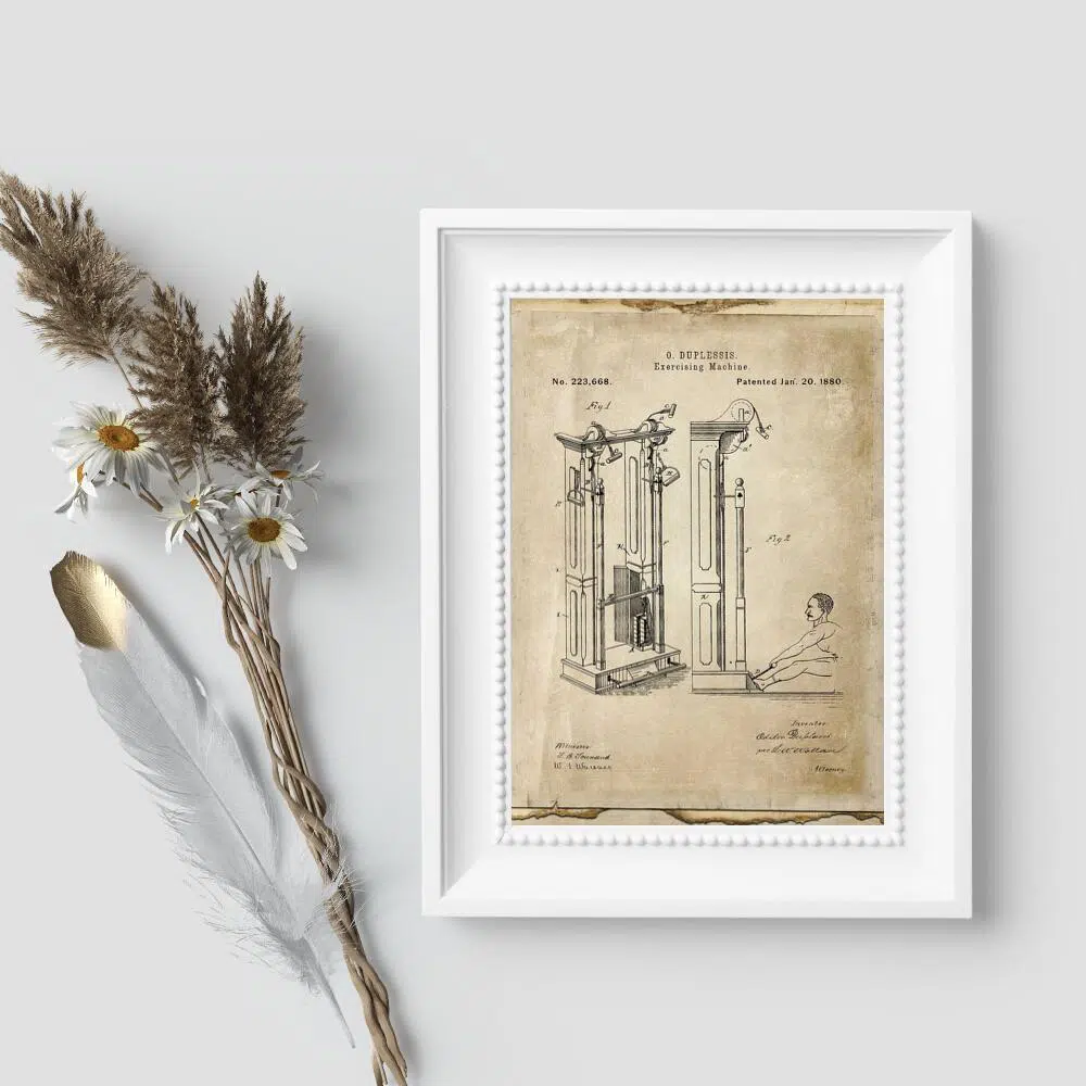 Plakat w sepii z prototypem maszyny do ćwiczenia