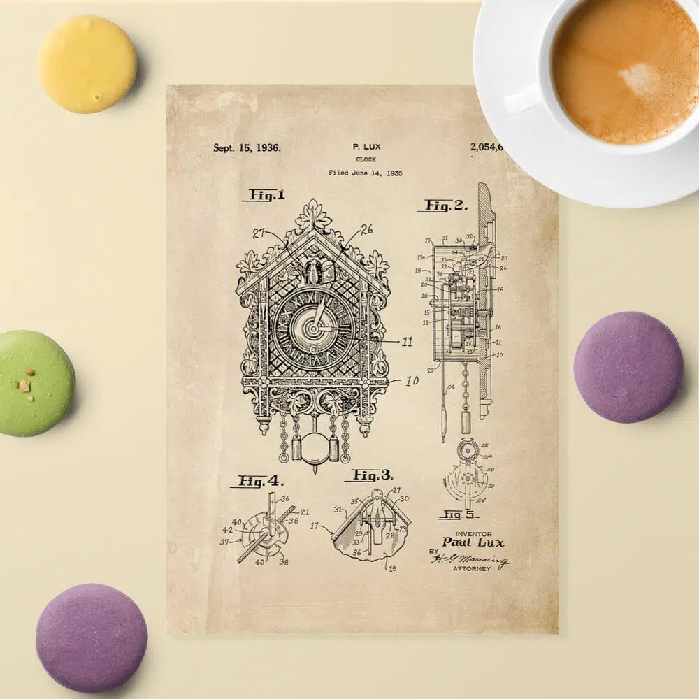 Plakat z patentem na zegar z kukułką do jadalni