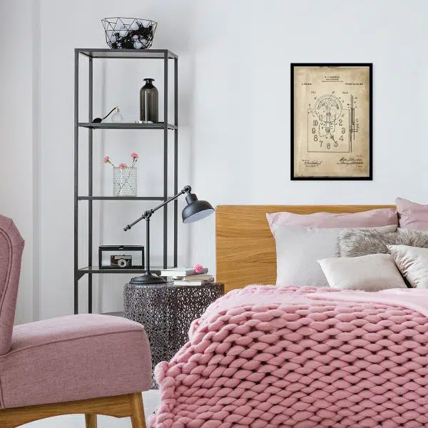Plakat z reprodukcją rysunku patentowego na zegar do sypialni