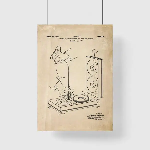 Plakat z patentem z roku 1922 - maszynka do pączków