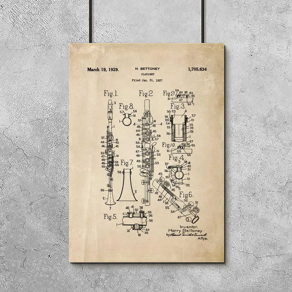 Plakat vintage z rysunkiem klarnetu - patent