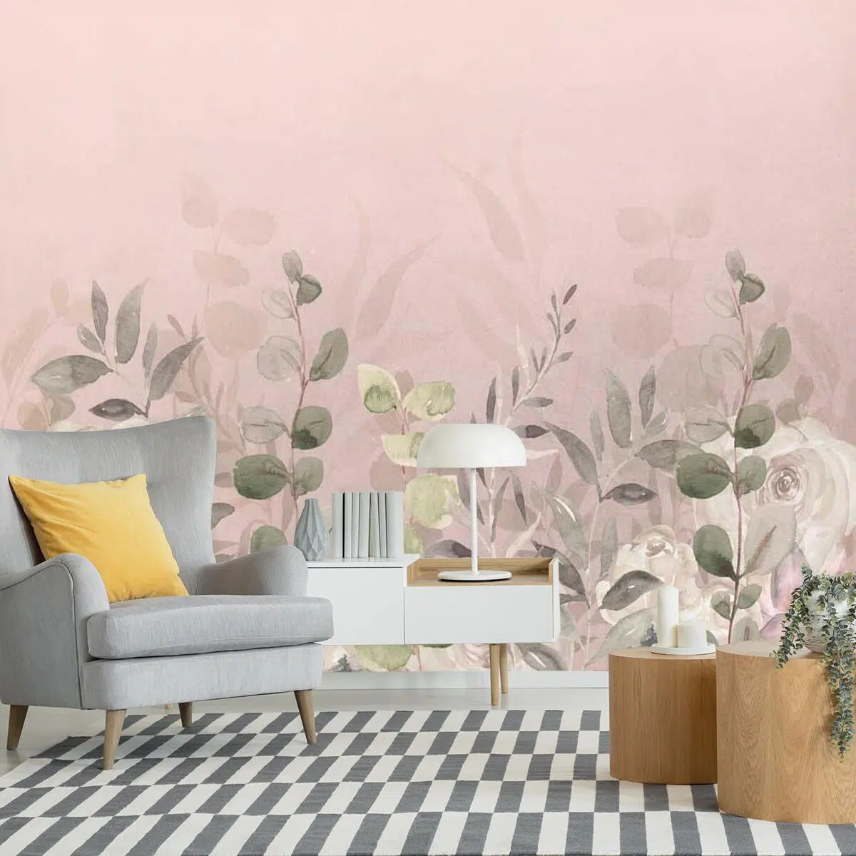 Różowa fototapeta w liście do salonu