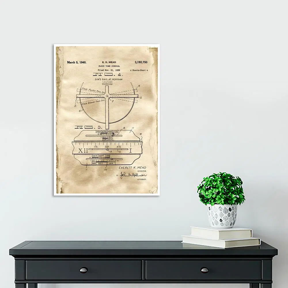 Plakat z reprodukcją patentu na zegar słoneczny do przedpokoju