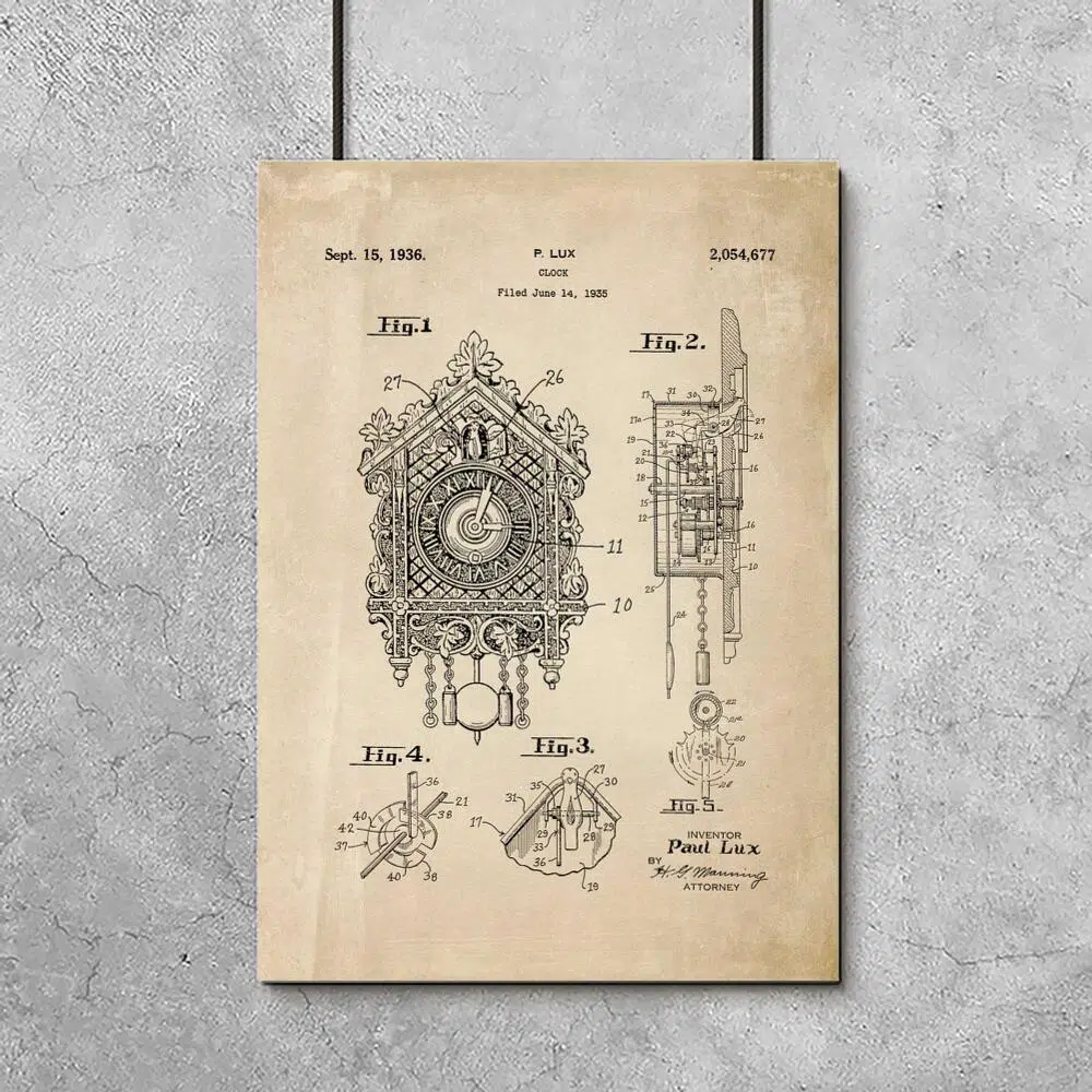 Plakat z patentem na zegar z kukułką do gabinetu