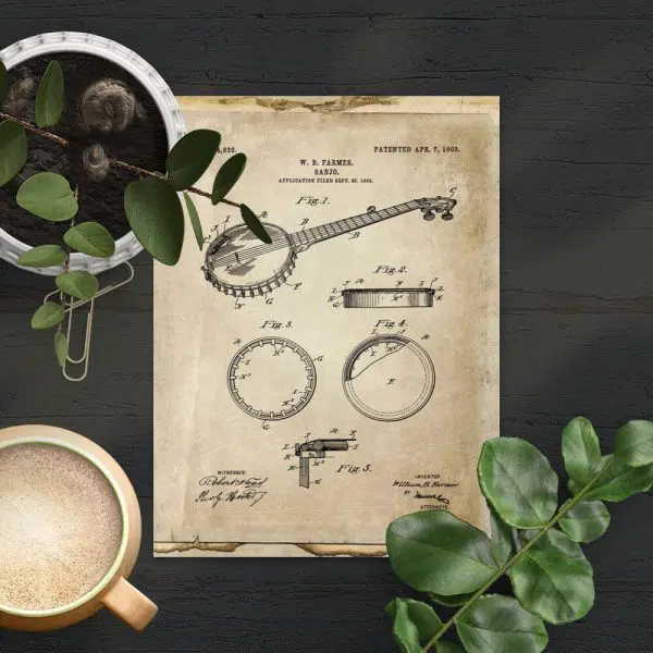 Plakat z patentem na banjo do sypialni