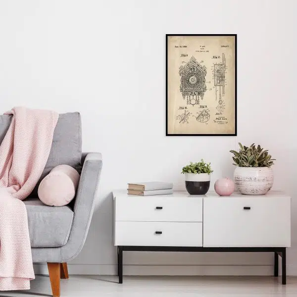 Plakat z patentem na zegar z kukułką do salonu