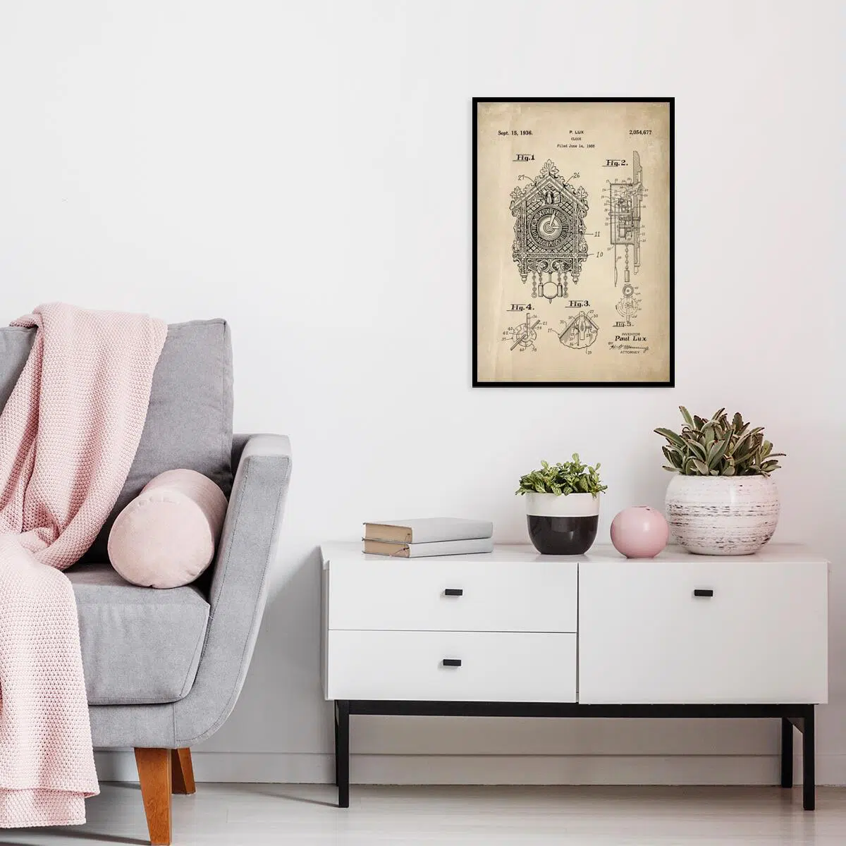 Plakat z patentem na zegar z kukułką do salonu