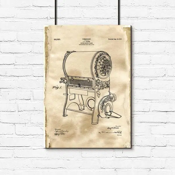 Plakat z rysunkiem opisowym pieca do kawy z 1913 roku dla baristy