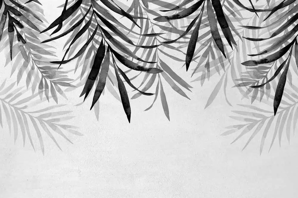 Tapeta z motywem szarych liści do dekoracji salonu