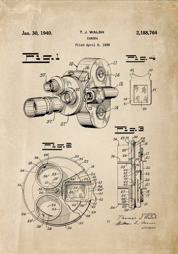 Poster vintage - patent kamery filmowej - 1938r.