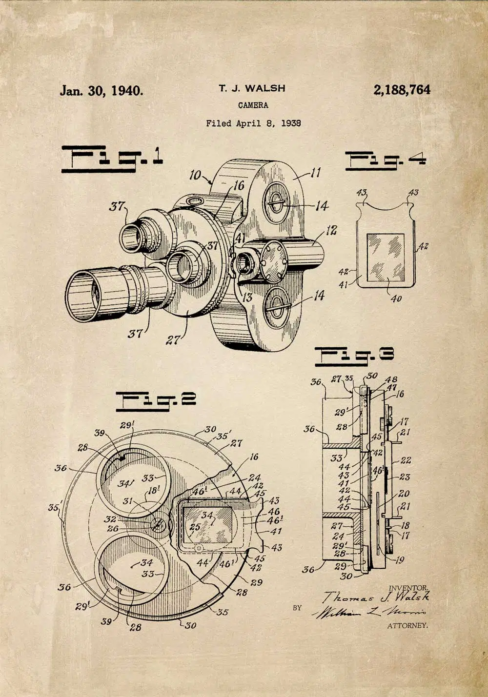 Poster vintage - patent kamery filmowej - 1938r.