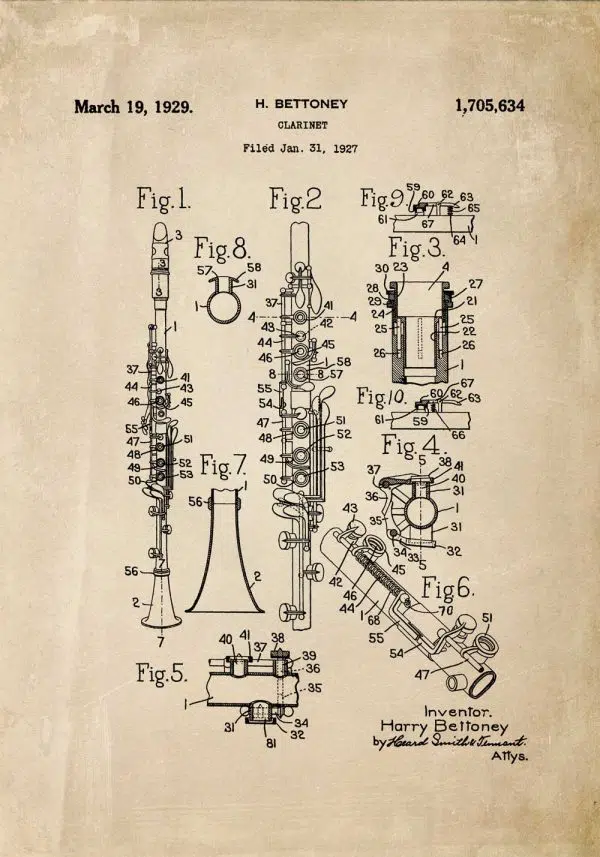 Poster z rysunkiem patentowym klarnetu