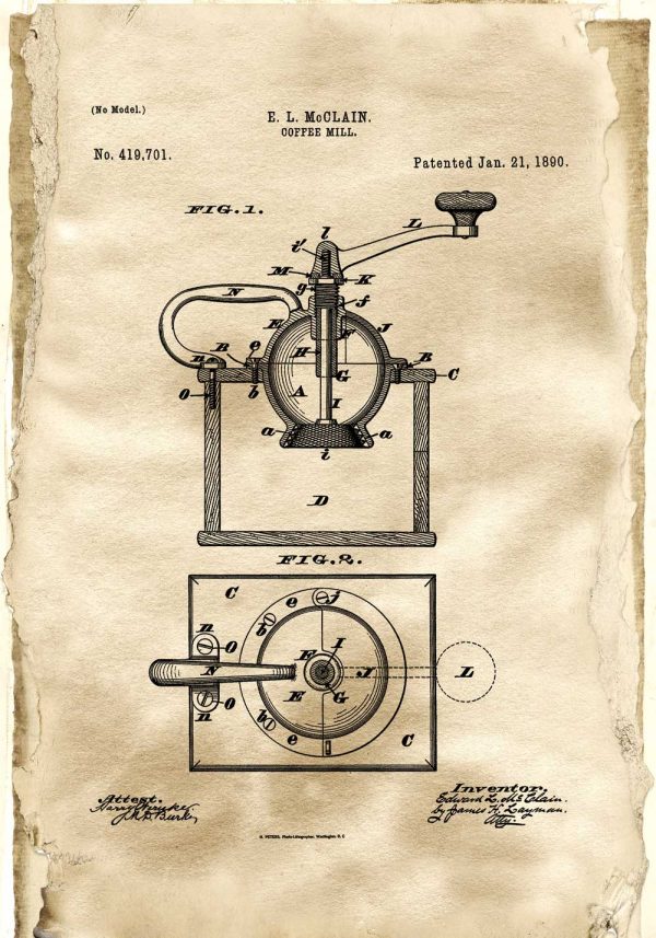 Plakat z patentem na młynek do kawy do kuchni