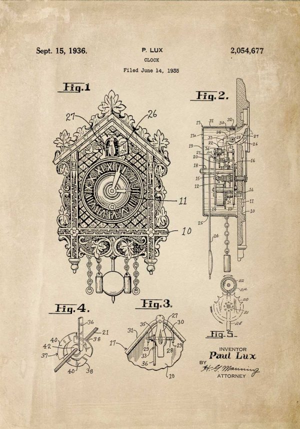 Plakat z patentem na zegar z kukułką
