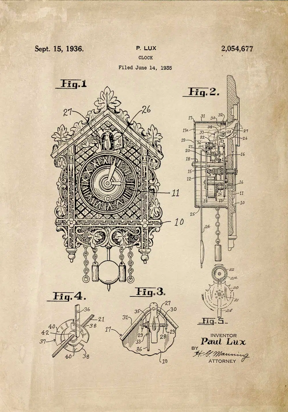 Plakat z patentem na zegar z kukułką