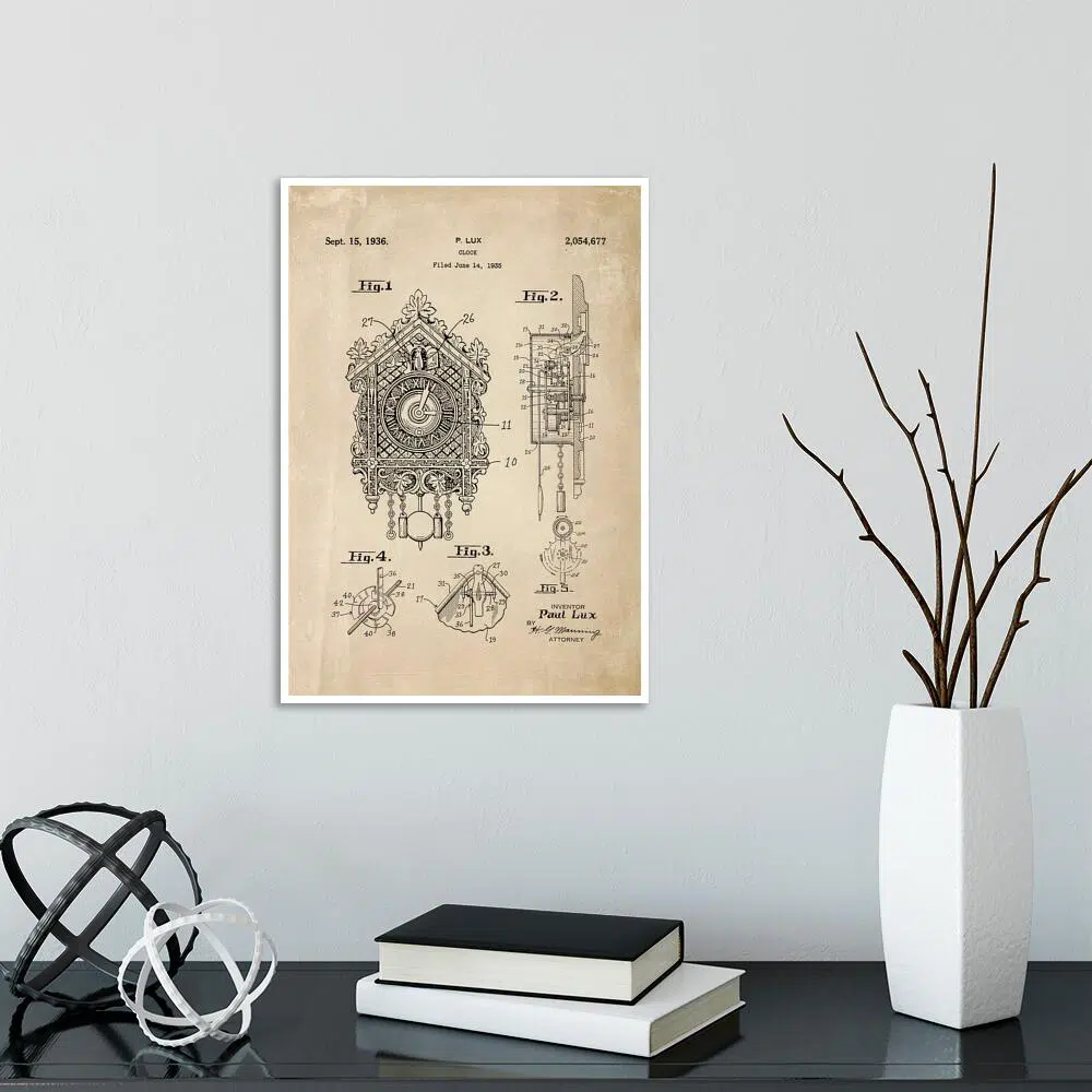 Plakat z patentem na zegar z kukułką na przedpokój