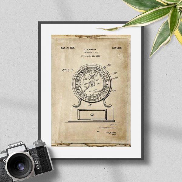 Plakat retro z ryciną mechanicznego kalendarza