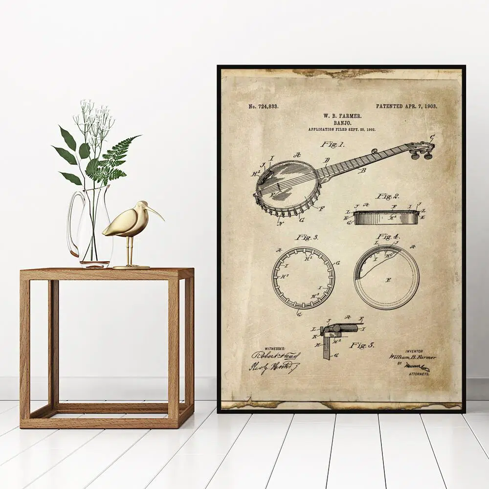 Plakat z patentem na banjo do pokoju nastolatka
