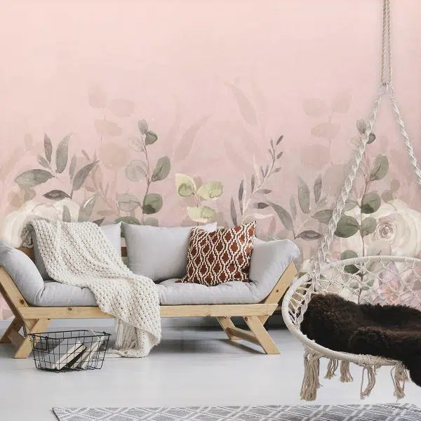 Różowa fototapeta w liście do sypialni