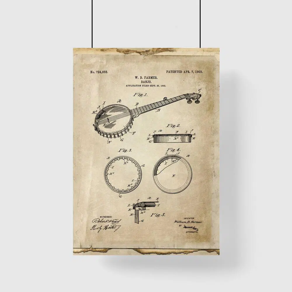 Plakat z patentem na banjo do salonu