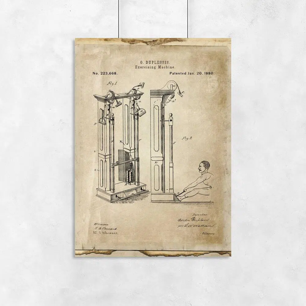 Plakat z ryciną patentu maszyny do ćwiczeń
