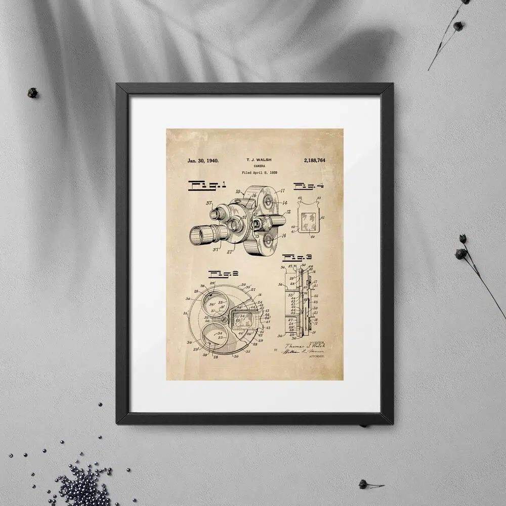 Plakat z motywem patentu na kamerę filmową - 1938r.