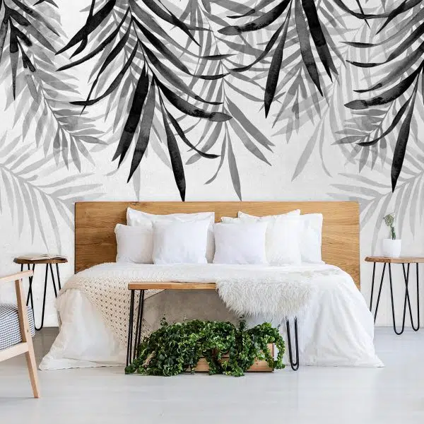 Tapeta z gałązkami palmy do montazu w sypialni