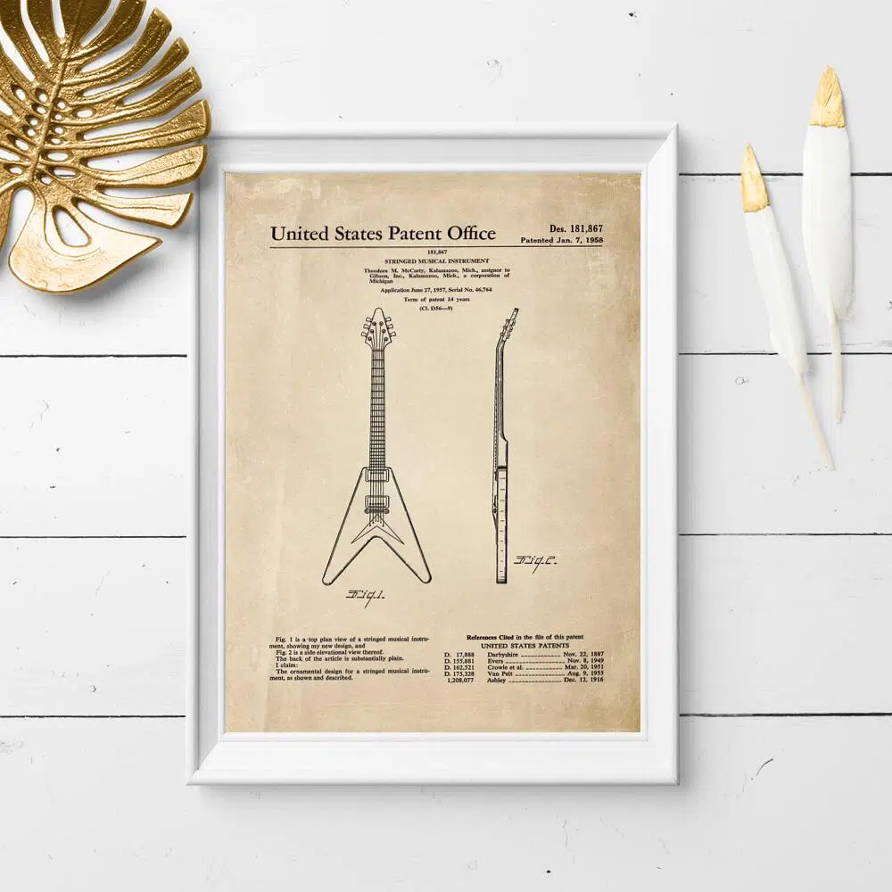 Plakat z rysunkiem patentowym gitary