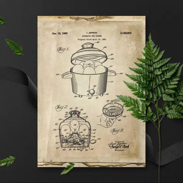 Plakat z rysunkiem patentowym automatu do gotowania jajek